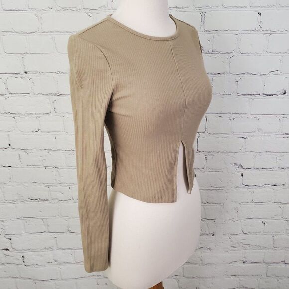 ASOS Used Design Split Front Long Sleeve Top Tan 4 - Picture 3 of 7